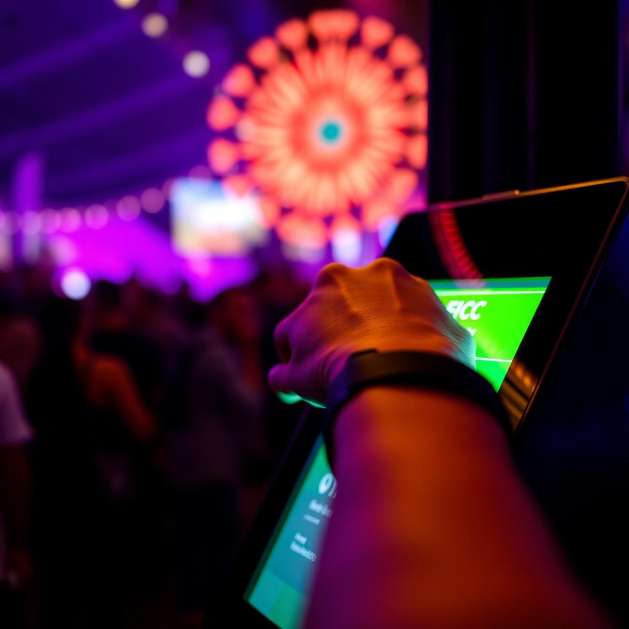 Pulseira NFC sendo aproximada de totem de recarga