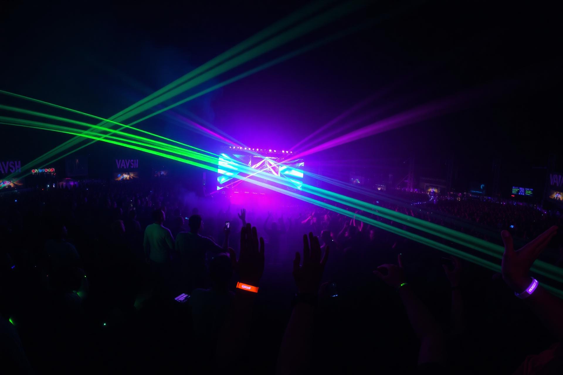 Multidão iluminada por lasers em um grande evento noturno com pulseiras NFC brilhando